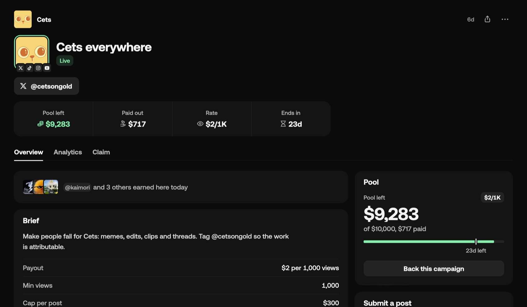 A live campaign on Echo: the pool left, what it paid out, the rate and the days left