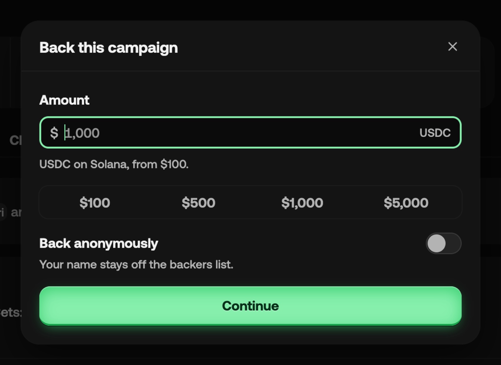 Backing a campaign: the amount in USDC on Solana