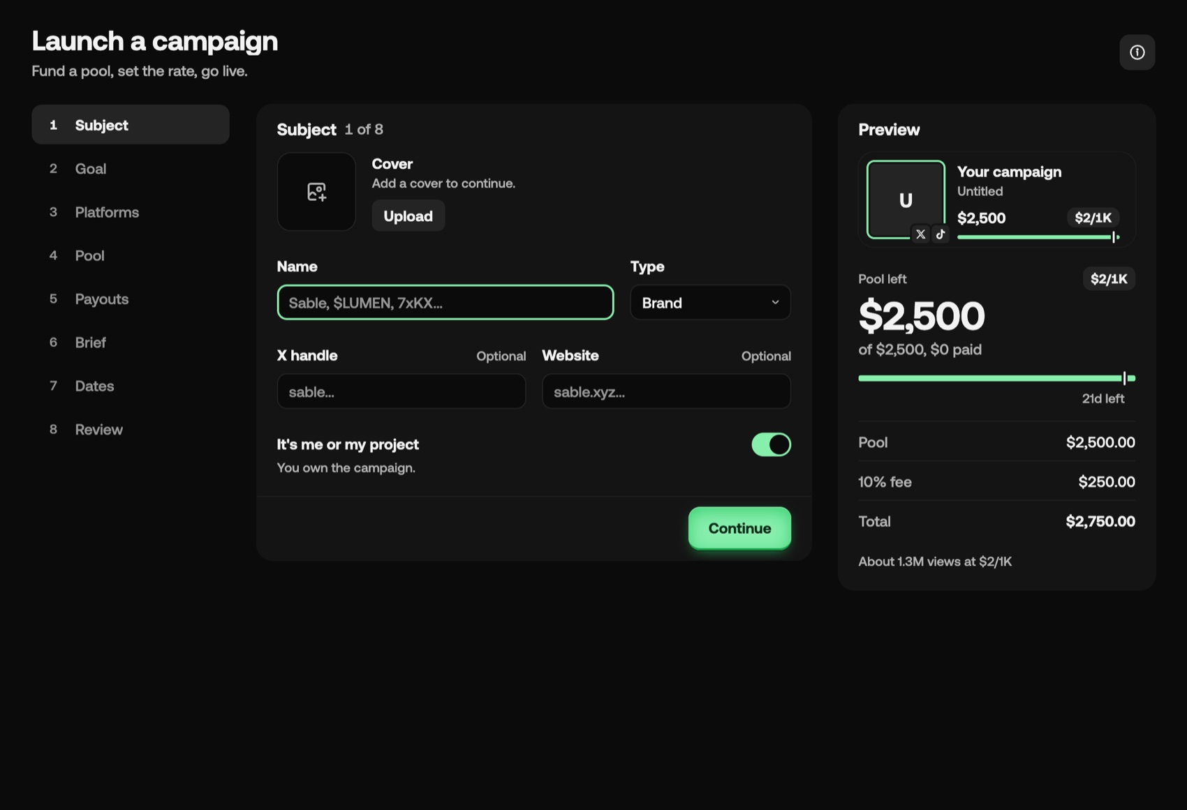 Launching a campaign: the steps, and a live preview with the pool, the 10% fee and the total