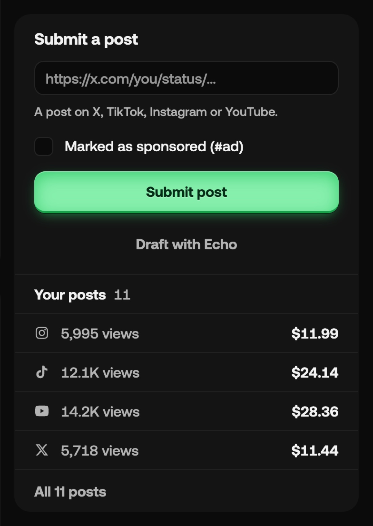 Submitting a post, and your posts with their views, earnings and holds